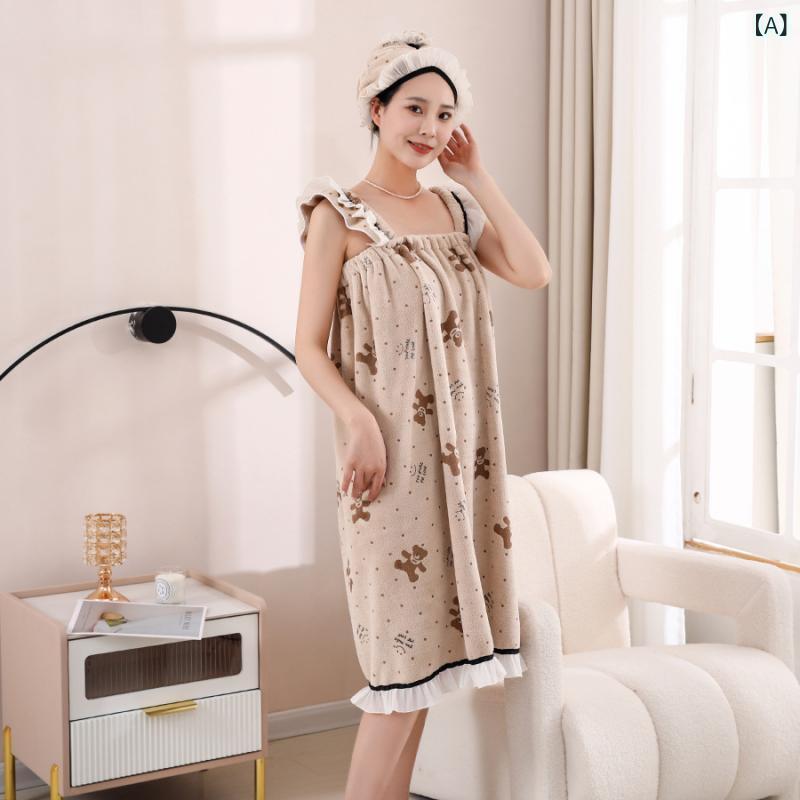 バスローブ レディース 女性用 クマ フリル 刺繍 かわいい 吸水速乾 コーラルフリース 厚手 巻きタオル ラップタオル ヘアドライタオル ヘアキャップ お風呂上がり 部屋着 リラックスタイム(x2)