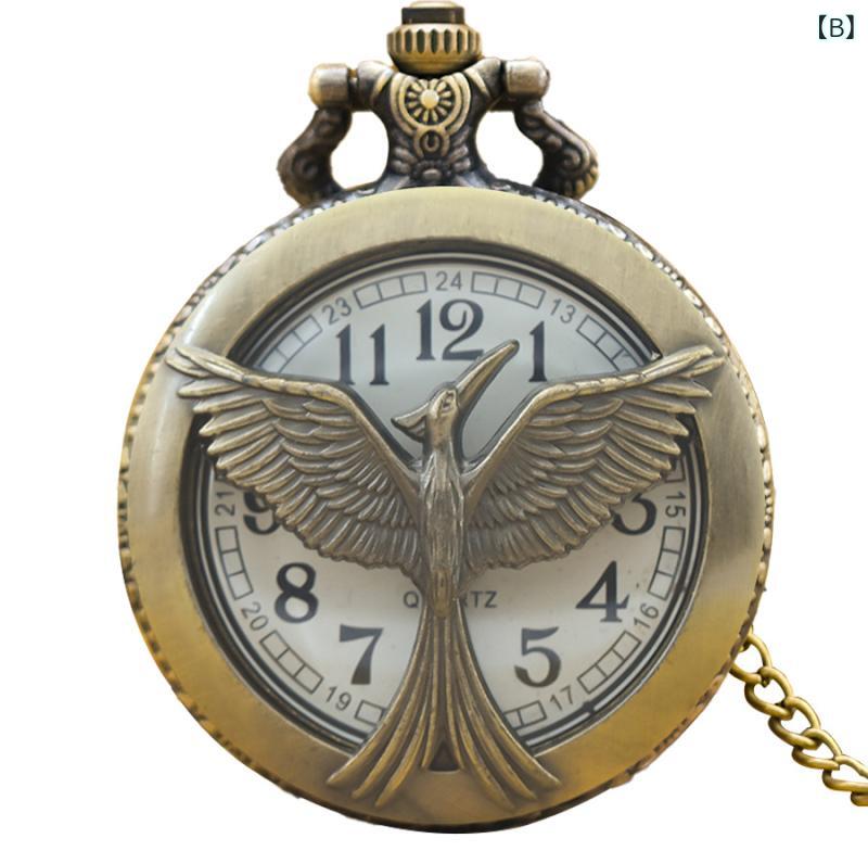 懐中時計 男女兼用 ユニセックス 大型 ビッグサイズ スケルトン オープンワーク クォーツ レトロ アンティーク ヴィンテージ 合金製 鳥 矢 モチーフ ラウンド 丸型 ファッション アクセサリー プレゼント ギフト