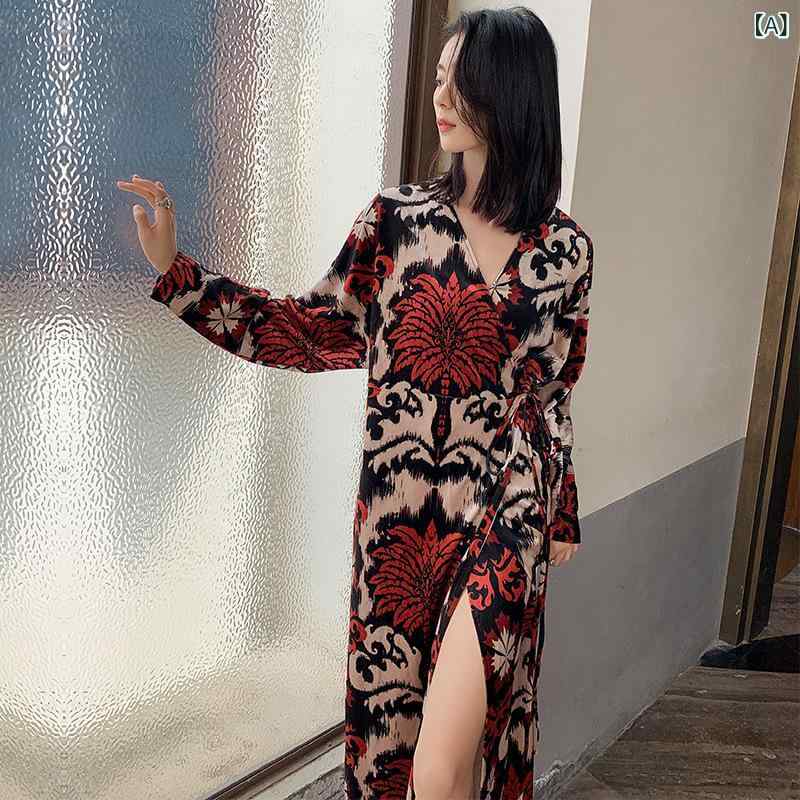 ガウン レディース ベロア 花柄プリント ナイトウェア ルームウェア 部屋着 バスローブ ミドル丈袖 高級感 エレガント 豪華 外出着可 ワンマイルウェア 秋冬 レッド ブラック バイカラー