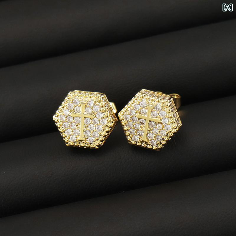 Tourmaline - ピアス メンズ 男性用 十字架 六角形 ジルコニアストーン 埋め込み 欧米スタイル ヒップホップ 銅製 電気メッキ加工 ゴールド シルバー