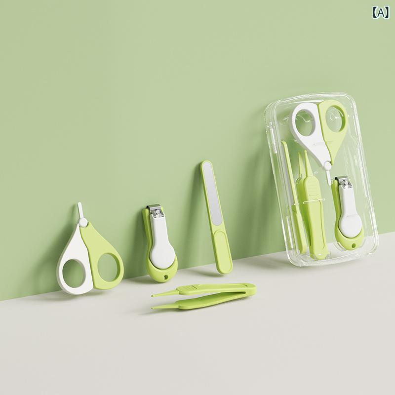 ベビーケア 新生児 赤ちゃん 幼児 子供用 爪切りセット 携帯用 ネイルクリッパー 爪やすり ピンセット 4点セット 安全設計 ステンレス プラスチック製 収納ケース付き 爪のお手入れ 出産祝い