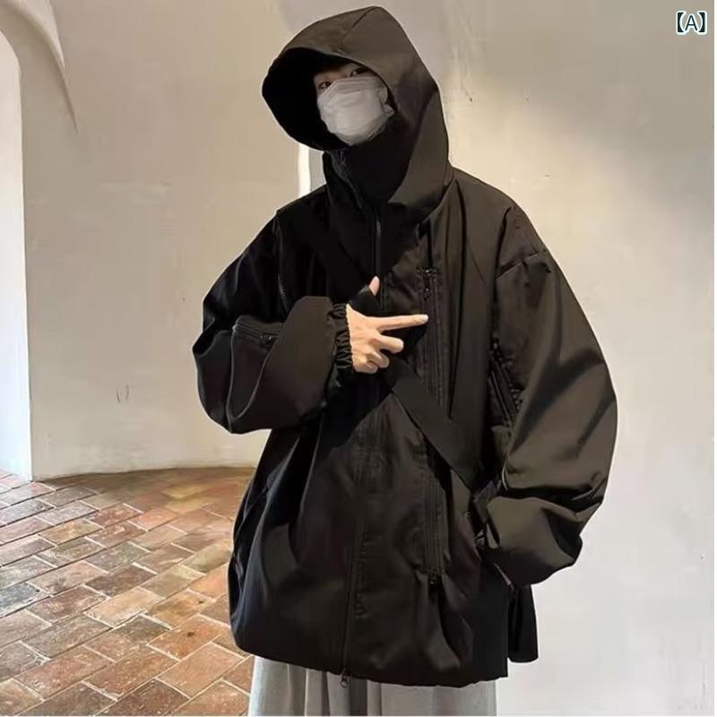 Jumper, Blouson - ジャケット メンズ ウィンドブレーカー 防風 フード付き ゆったり ルーズフィット カジュアル スポーツ 長袖 ダブルレイヤー アウター 着回し 無地 ポリエステル ブラック 秋冬