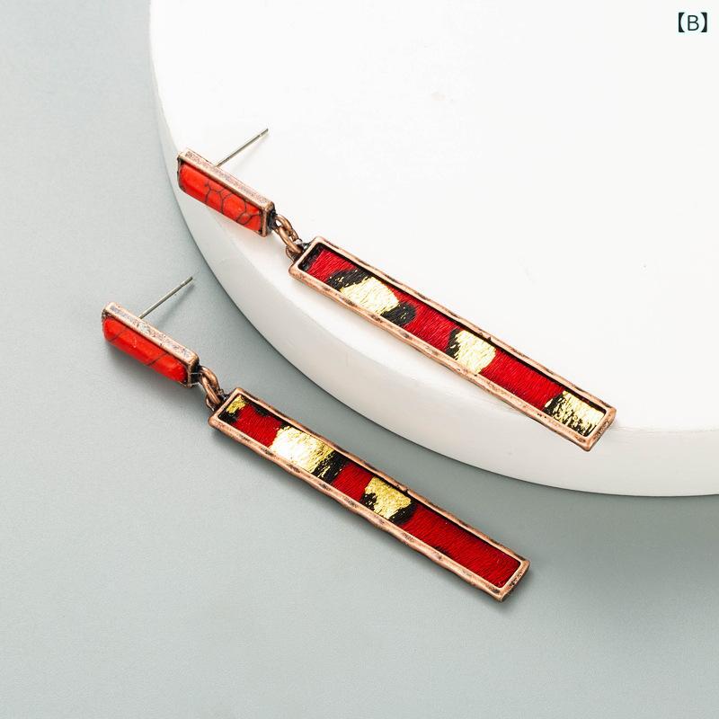 ピアス イヤリング レディース 欧米風 大ぶり 個性的 ロング ドロップ レザー 革 合金 ターコイズ レッドブラウン 赤茶 ヒョウ柄 パーティー オケージョン エレガント 上品 秋冬