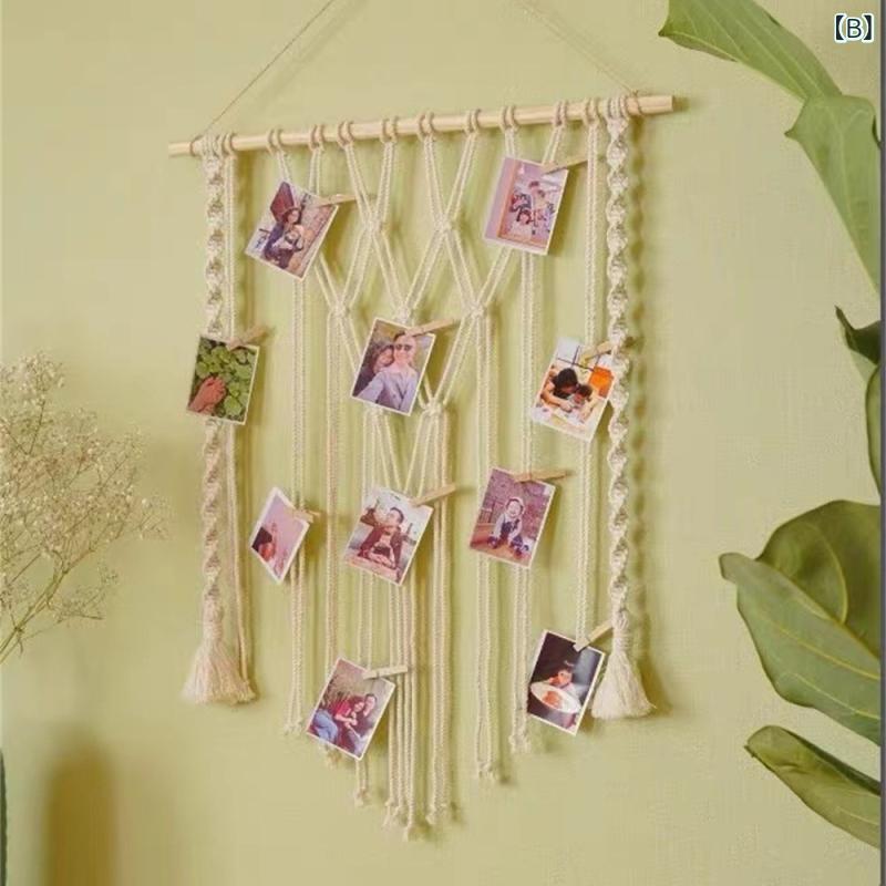 タペストリー 壁掛け フォトフレーム マクラメ 編み込み コットンロープ タッセル 木製 ウッドバー ボ..
