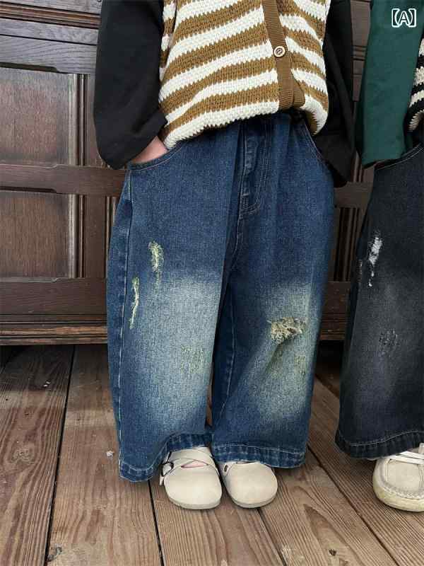 デニムパンツ キッズ ベビー 男の子 女の子 ダメージ加工 ユーズド加工 ウォッシュ加工 ゆったり ルーズ ストレート コットン ブルー スモーキーグレー 柔らかな肌触り 普段使い カジュアル 春秋冬