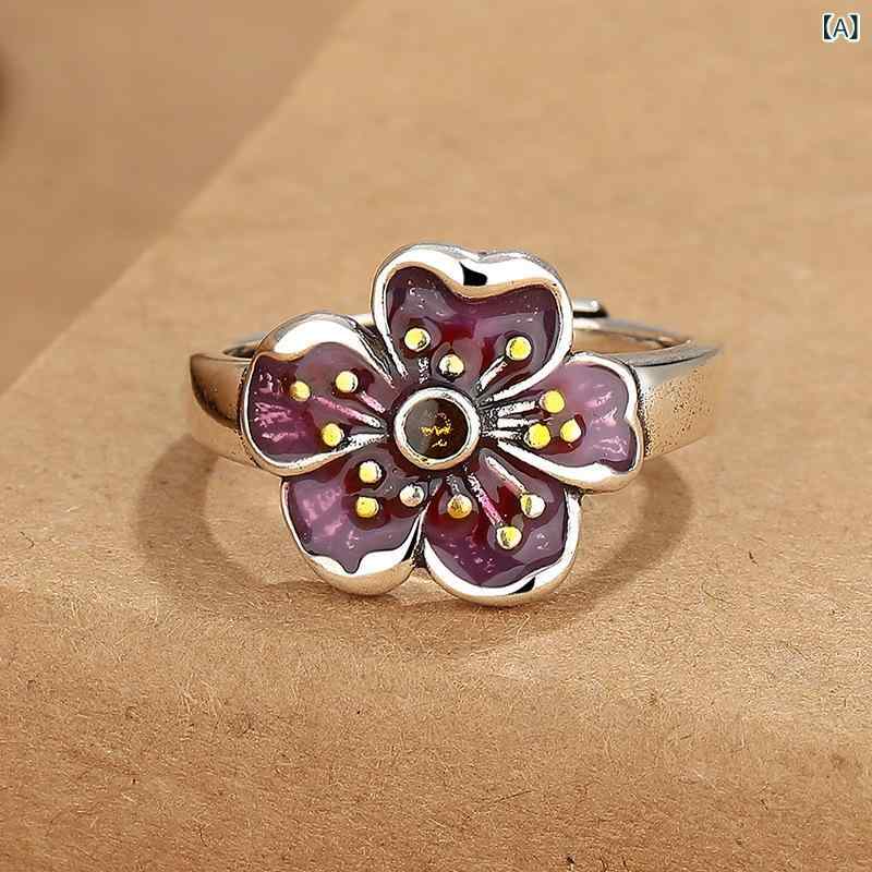 指輪 レディース 民族風 レトロ 七宝焼 エナメル 赤 蓮モチーフ オープンリング サイズ調整可能 おしゃ..