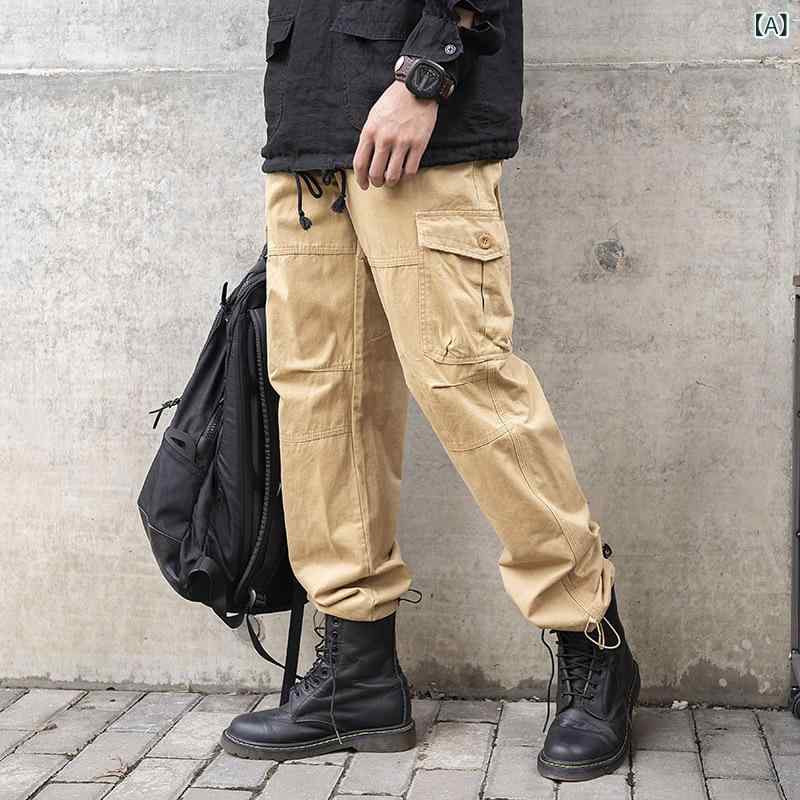カーゴパンツ メンズ 男性 ゆったり ルーズフィット ワイド ストレート ウエストゴム 多ポケット カーゴポケット 綿 厚手 イージーケア ロング カジュアル 普段使い 春秋 カーキ グレー ブラック ミリタリーグリーン ミリタリーイエロー