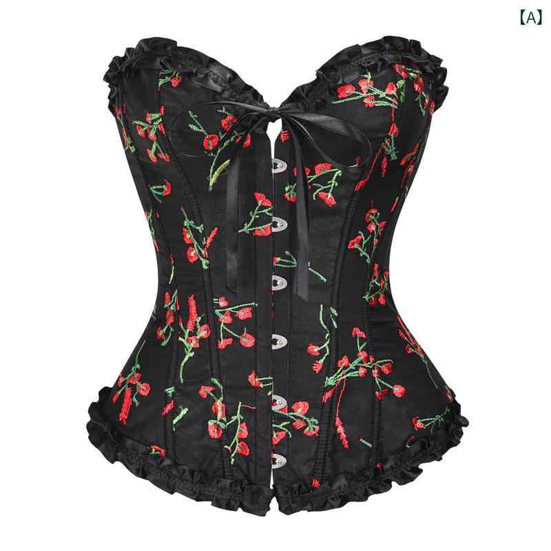 ビスチェ コルセット レディース 宮廷風 ブラック チェリー柄 ボーン入り ボディシェイパー ブライダル..