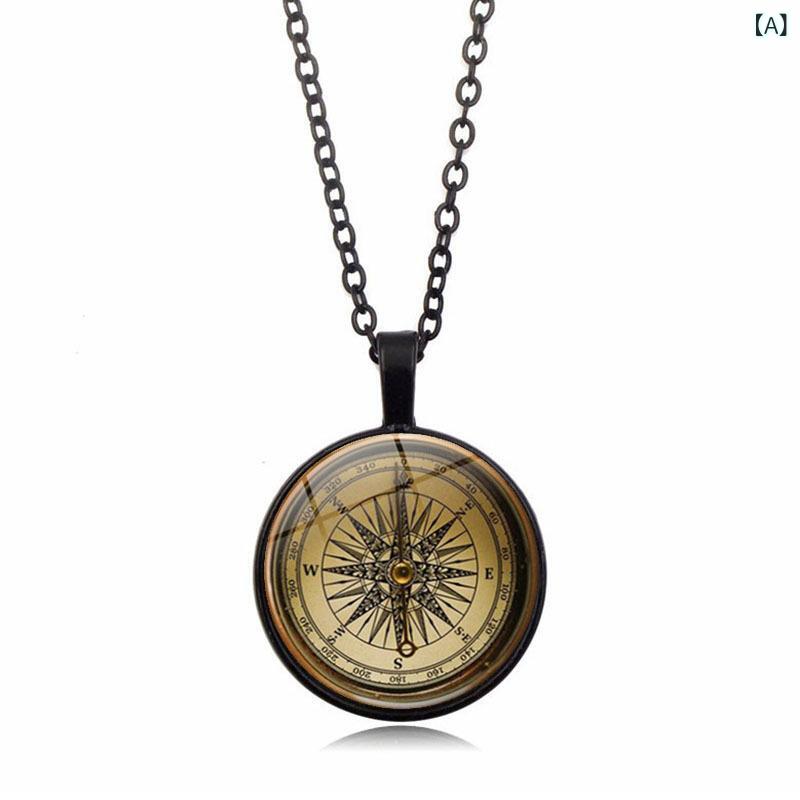 ネックレス 男女兼用 スチームパンク コンパス タイムジェム ペンダント ロングネックレス 黒 ブロンズ..