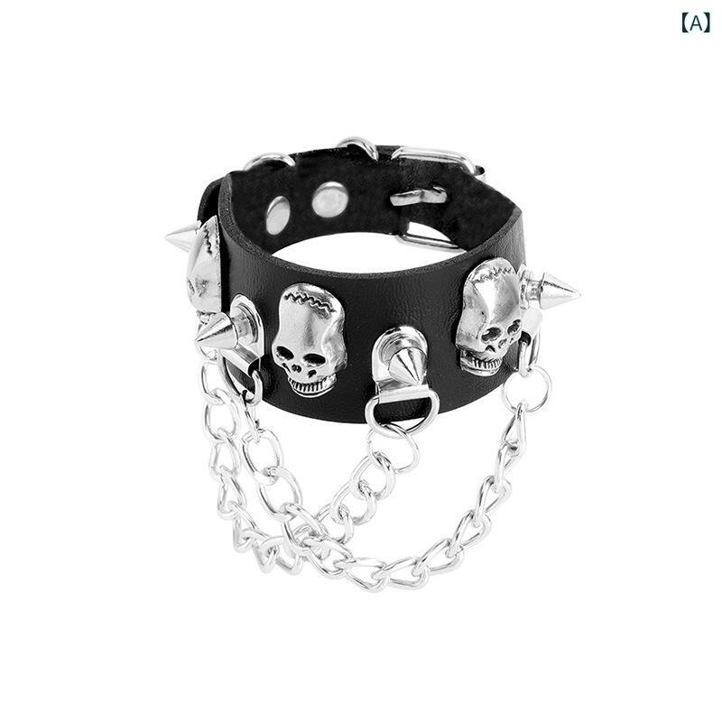 ブレスレット 男女兼用 スチームパンク スカル ドクロ スタッズ リベット ロック系 ヒップホップ PUレザー タッセル フェイクレザー ワイルド 個性的 存在感 ブラック 腕輪