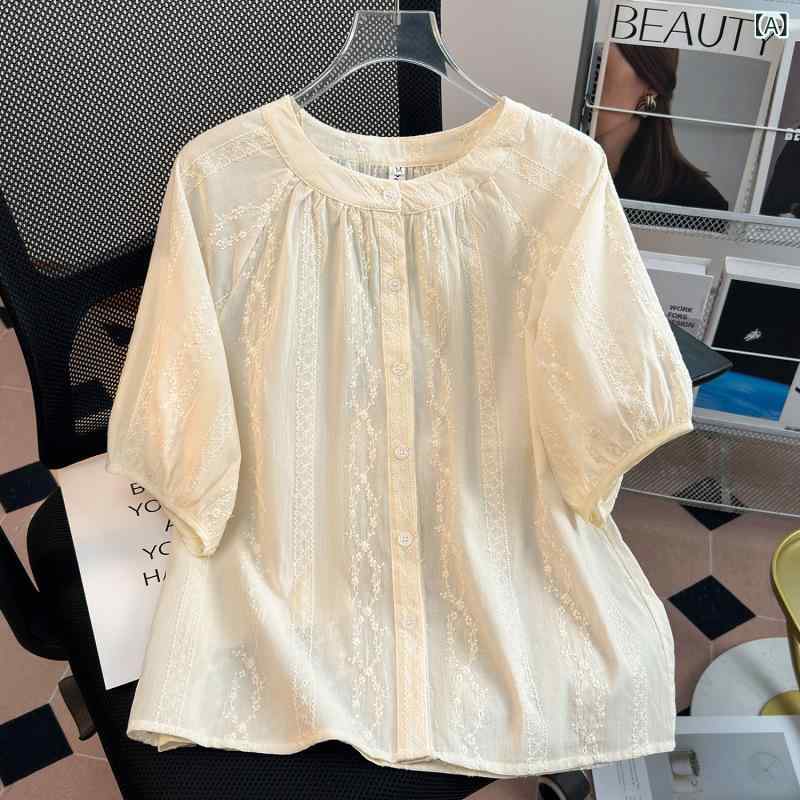 ブラウス レディース フレンチレトロ 刺繍 五分袖 ランタンスリーブ ゆったり オーバーサイズ 着痩せ 体型カバー 丸首 ベビードール きれいめ 通勤 トップス ポリエステル 春夏