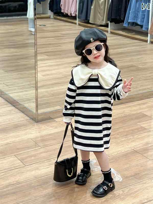 Occidental Goods - ワンピース 女の子 春秋 韓国風 キッズ 蝶結び ビッグカラー ストライプ柄 ニット 長袖 綿混 Aライン プリンセスライン かわいい おしゃれ お出かけ 普段使い カジュアル