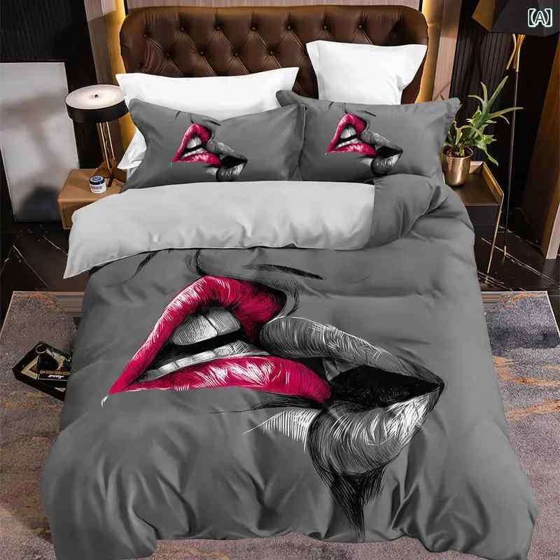 寝具 カップル ペア 掛け布団カバー 3点セット キスプリント 唇モチーフ 結婚祝い 新婚 新生活 ベッド..