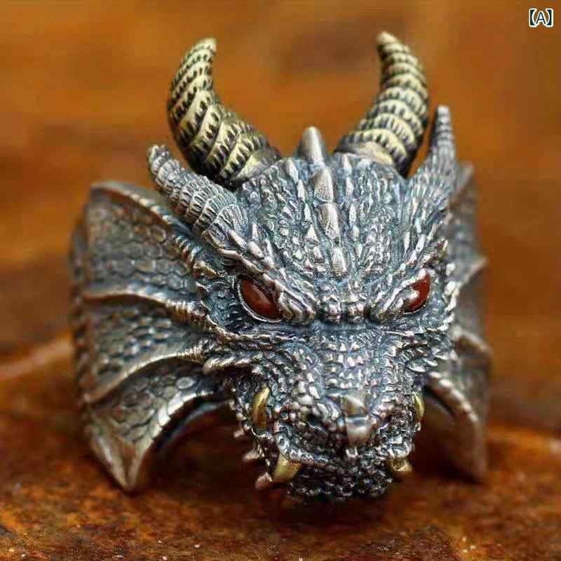 指輪 メンズ 深淵 魔龍 ドラゴン レトロ 個性的 迫力 存在感 開口式 フリーサイズ 亜鉛合金製 電気メッキ加工 赤目 緑目 青目(x2)