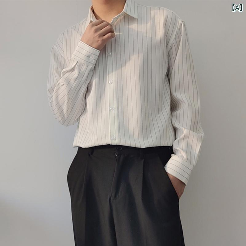 シャツ メンズ 男性用 春秋 韓国風 ゆったり ルーズ 縦ストライプ 長袖 白 ホワイト ポリエステル素材 アイロン不要 防シワ シンプル レトロ ヴィンテージ カジュアル 普段使い
