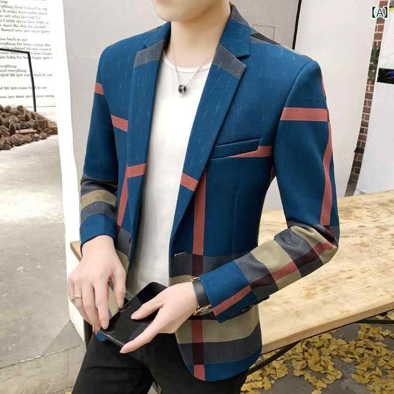 樂天商城 - テーラードジャケット メンズ 春秋 ランダムチェック柄 スリムフィット シングルブレスト ビジネス カジュアル オフィスカジュアル 上質 きれいめ 韓国ファッション 形態安定 ブルー カーキ 男性用