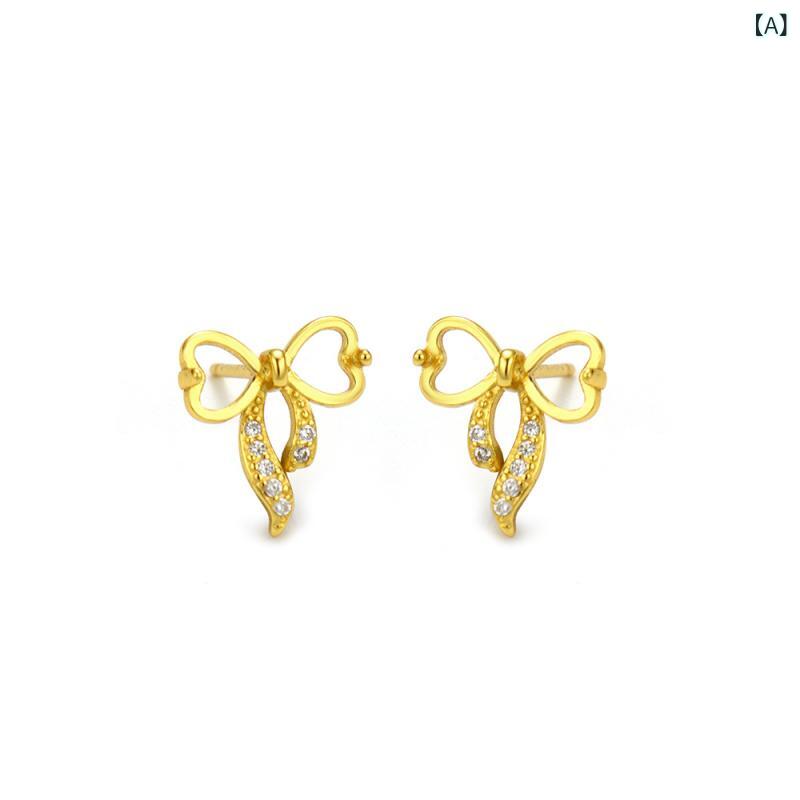ピアス レディース シルバー925 ゴールドカラー ハート リボン ジルコニアパヴェ 高級感 軽奢感 上品 エレガント 万能 普段使い オフィス カジュアル(4.0)
