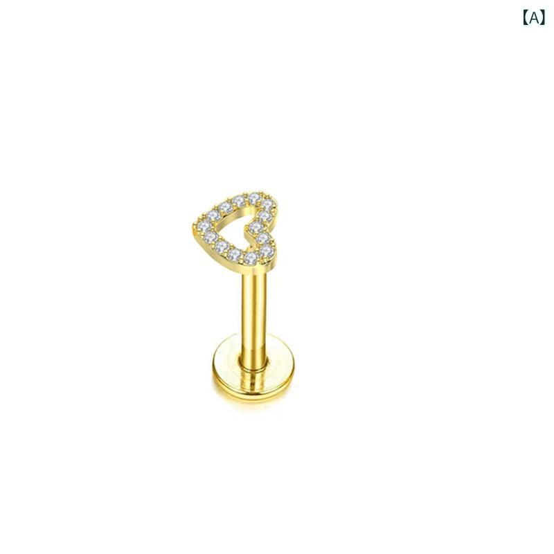 ボディピアス レディース 女性用 ステンレス製 ジルコニア 埋め込み 花モチーフ ハート クロス クローバー ムーン 電気メッキ加工 スクリュー フラットバック ヘリックス 軟骨 リップ 口 耳飾り 個性的 ユニーク ゴールド シルバー ローズゴールド(x10)