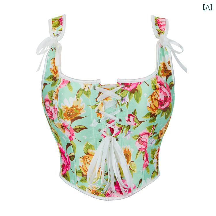 ビスチェ レディース 花柄グリーン 調節可能ショルダーストラップ 宮廷風 バストアップ シェイプアップ..