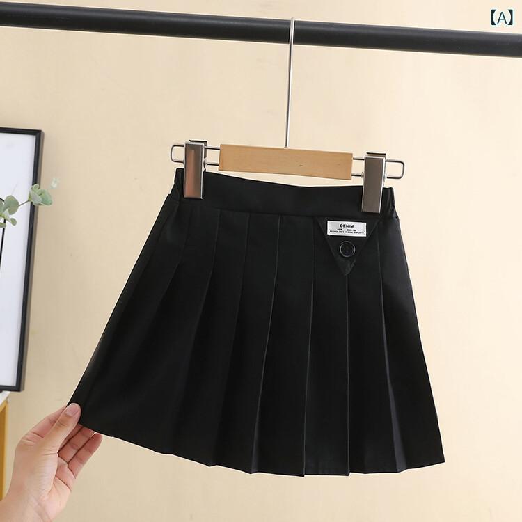 スカート 女の子 小学生 ジュニア キッズ 黒 ブラック プリーツスカート ミニスカート 半身スカート 春秋 スクール風 無地 ポリエステル 通学 普段使い