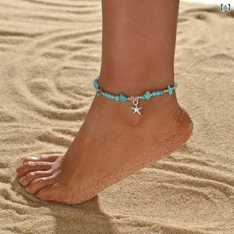 アンクレット レディース 民族風 エスニック 不規則 ターコイズビーズ 合金製 スターフィッシュモチー..