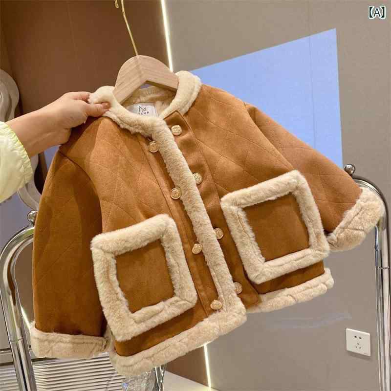 子供服 女の子 幼児 小学生 ジュニア コート 秋冬 裏起毛 厚手 防寒 ショート丈 クルーネック 長袖 おしゃれ かわいい ダブルボタン 綿混 カーキ