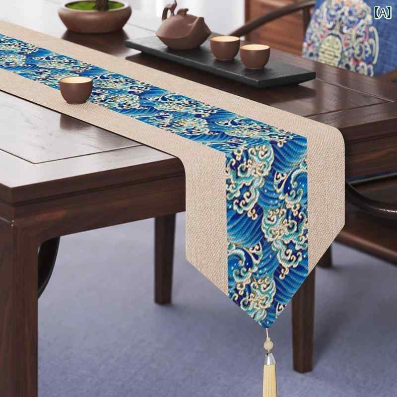 Table Runners - テーブルランナー 新中華風 禅風 高級感 茶席用 テーブルセンター 和モダンデザイン ティーテーブル ダイニング リビング コーヒーテーブル センタークロス ポリエステル 綿麻混紡 おしゃれ 敷物