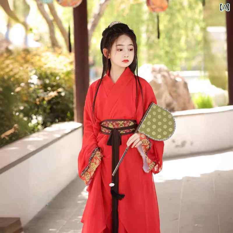 漢服 女の子 キッズ レッド 花柄 高級感 伝統 中国風 戦国袍 直裾 交領 復元モデル プリンセスドレス ワイドスリーブ ポリエステル 柔らか生地