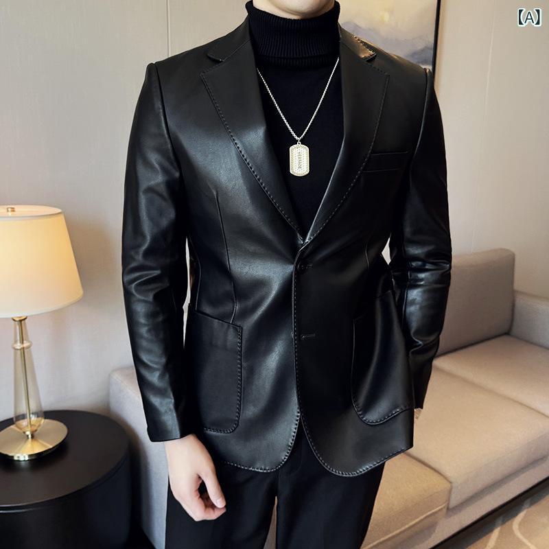 レザージャケット メンズ PUレザー テーラードジャケット アウター 合皮 フェイクレザー 無地 シングルブレスト 韓国風 ファッション 大人 ビジネス カジュアル 通勤 春秋 ブラック コーヒー グリーン