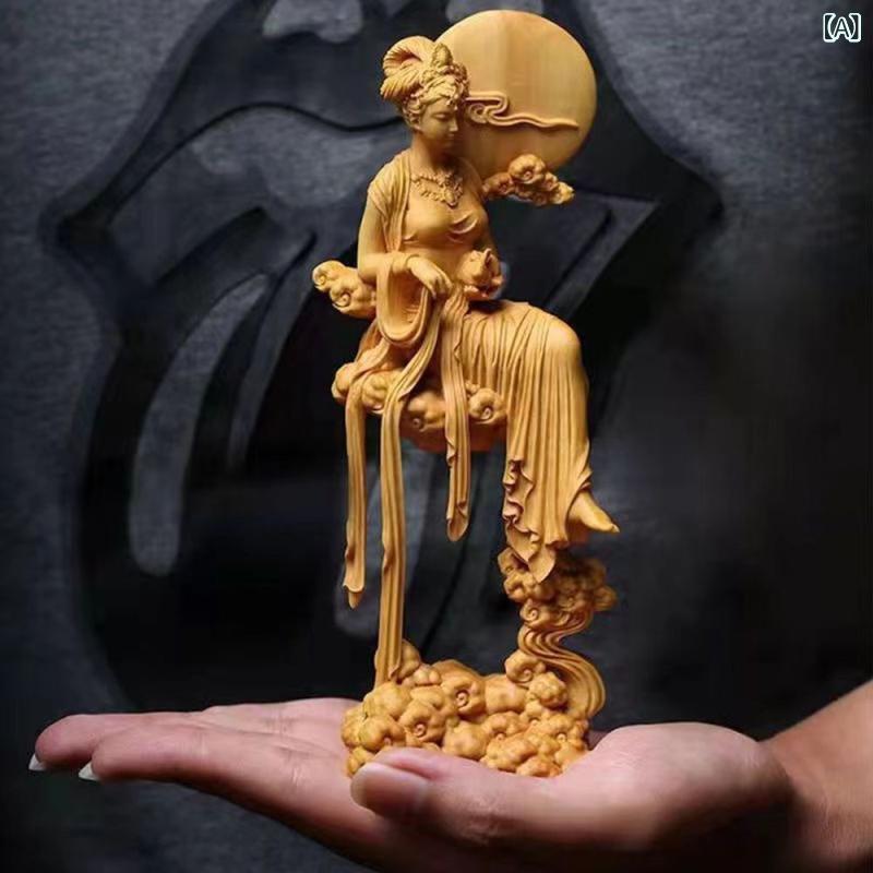 置物 崖柏 無垢材 精密彫刻 透かし彫り 職人技 嫦娥奔月 ウサギ 神話モチーフ 新中式スタイル リビング 玄関 卓上 インテリア オブジェ 縁起物 おしゃれ 装飾 工芸品