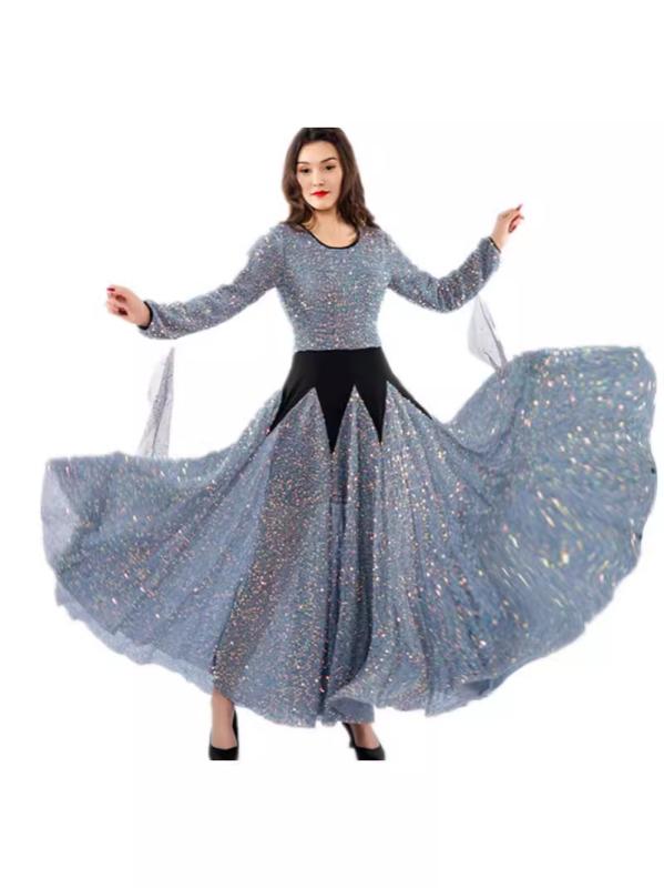 ドレス 社交ダンス モダンダンス ワルツ 競技会 練習着 発表会 ロング丈 フレアスカート 長袖 グレー スパンコール キラキラ ポリエステル 秋冬