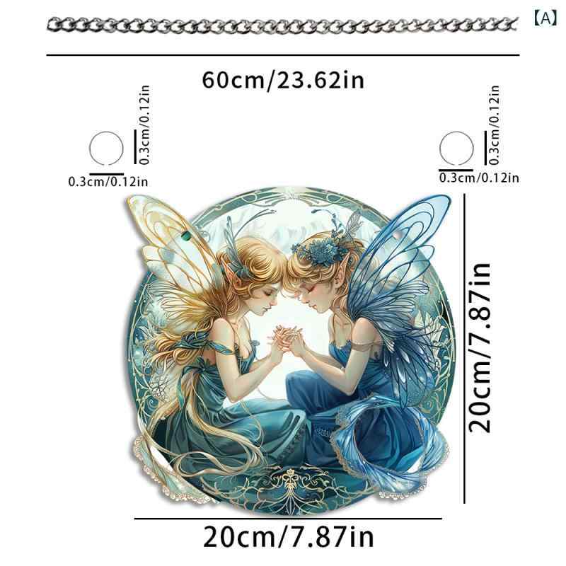 ウォールデコ 天使の羽 双子妖精 アクリル 彩色アート 丸型プレート チェーン 吊り下げ飾り 玄関 室内 ..