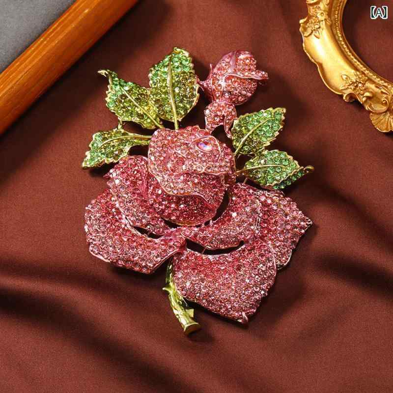 ・カテゴリ: 胸ブローチ・モチーフ: 薔薇・デザイン: 花柄・スタイル: 文芸レトロ・テイスト: レトロ・素材: 亜鉛合金・加工技術: ラインストーン埋め込み・カラー: ピンク・機能: 装飾、固定・対象: 男女兼用