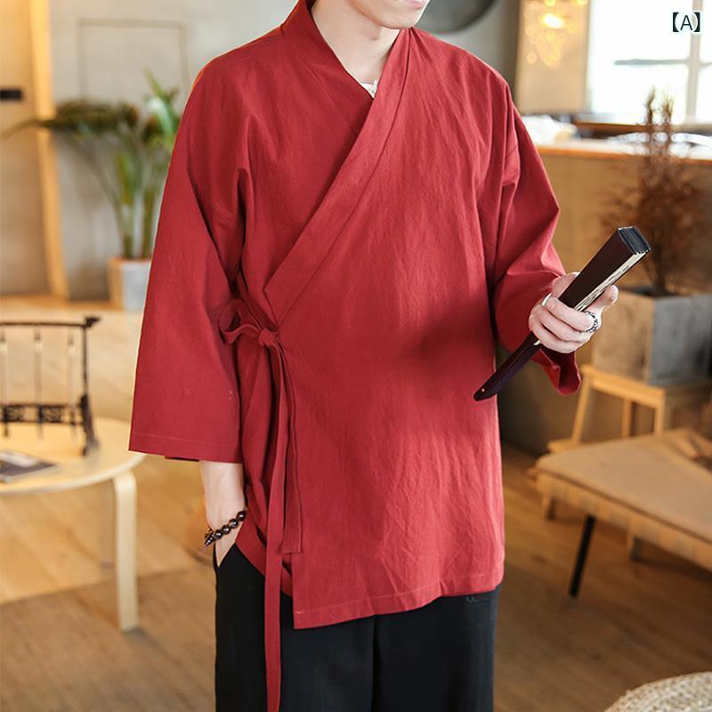 羽織り メンズ 中国風 漢服 七分袖 道袍 サイドオープン アウター ゆったり リラックス 禅スタイル 素朴 伝統衣装 ポリエステル 普段着 カジュアル ワインレッド グレーブルー ネイビー ブラック