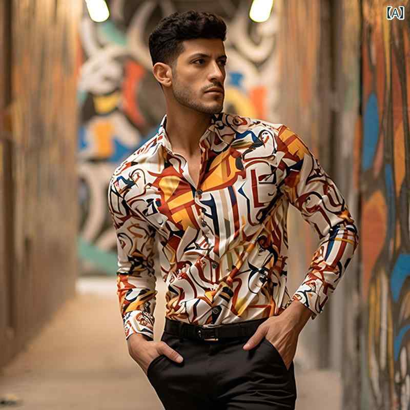 シャツ メンズ 長袖 プリント 総柄 アフリカ レトロ カジュアル ゆったり オーバーサイズ 再生繊維 ウォッシャブル シワになりにくい トップス