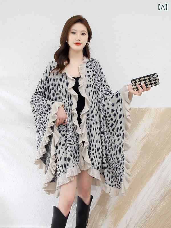 ニットカーディガン レディース 秋冬 紫外線対策 防寒 アクリル混 ヒョウ柄 ジャガード織り ロング丈 ゆったり ポンチョ風 ショール フリル メロウ加工 ギャザー レトロ ボヘミアン カジュアル