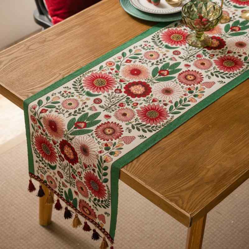 テーブルランナー アメリカン レトロ ヴィンテージ ライトラグジュアリー 高級感 ジャガード織り シェニール織り 植物柄 花柄 玄関 リビング ダイニング 寝室 コンソール サイドボード 飾り布