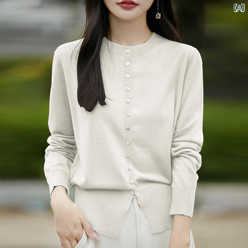 カーディガン レディース ファインウール クルーネック ニットカーディガン 長袖 ゆったり 無地 オフィス 通勤 デイリー 上品 羽織り トップス 秋冬