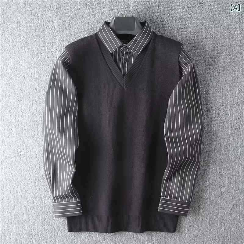 ニット メンズ きれいめカジュアル 上品 エレガント セーター 秋冬 シャツ襟 襟付き フェイクレイヤード 重ね着風 ゆったり 長袖 無地 カジュアル ポリエステル ノーアイロン