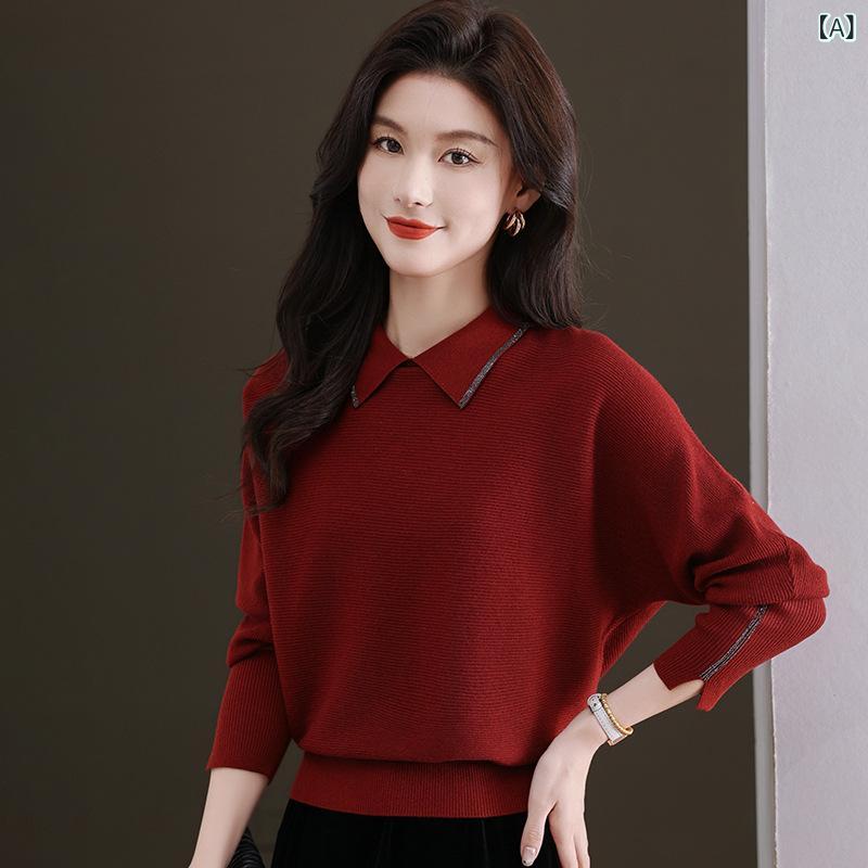 ニット レディース 秋冬 襟付き ドールカラー プルオーバー セーター トップス 中厚手 ゆったり ビッグシルエット ポリエステル 切り替え インナー 重ね着 通勤 きれいめ 大人女性