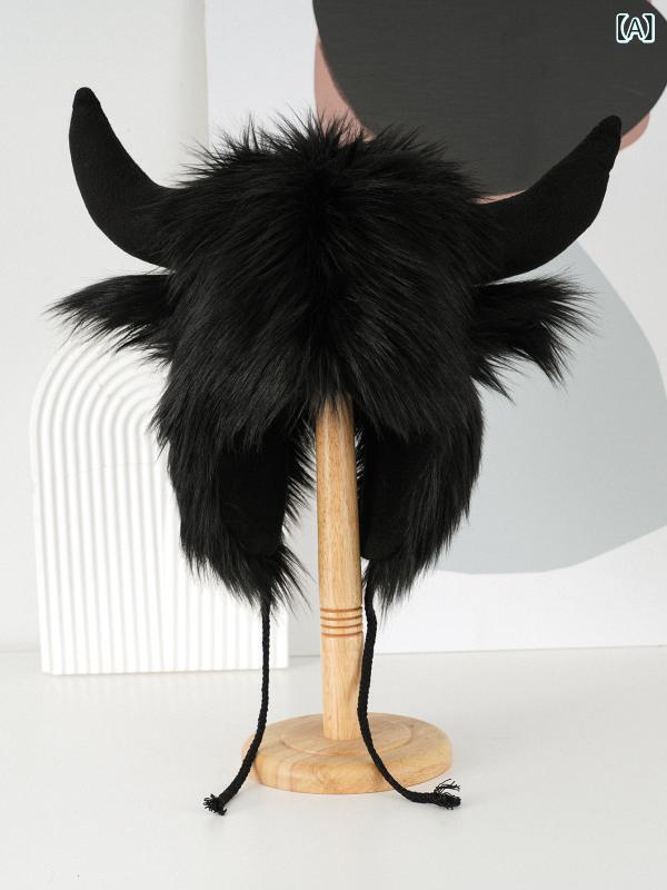 帽子 メンズ レディース 男女兼用 秋冬 防寒 防風 トラッパーハット フライトキャップ 裏ボア 厚手 ネックガード 耳当て付き アウトドア かわいい ツノ付き ポリエステル 綿混