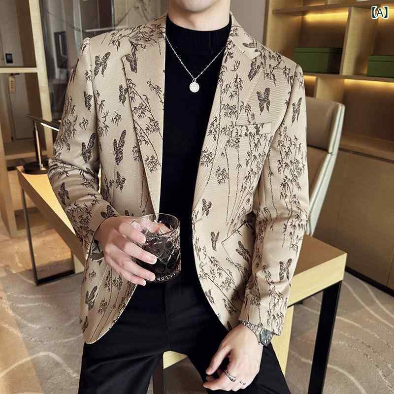 ・カテゴリ: カジュアルスーツ・性別: メンズ・スタイル: 韓国風・ターゲット層: 24〜35歳・フィット: スリム・着丈: レギュラー・袖丈: 長袖・ネックライン: テーラードカラー・フロント: シングル1つボタン・ベント: センターベント・裾デザイン: ラウンドヘム・ポケット: パッチポケット・柄: 切り替え・加工: ジャカード・主な素材: ポリエステル75%、綿25%・裏地素材: ポリエステル・シーン: カジュアル・カラー展開: カーキ、ダークグレー・サイズ展開: M、L、XL、XXL、XXXL、4XL