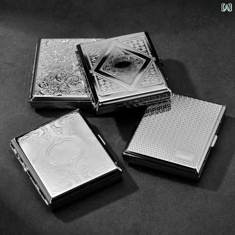 シガレットケース 男性用 彫刻デザイン 金属製 フリップ式 クリップ式 携帯用 スリム たばこケース 高..