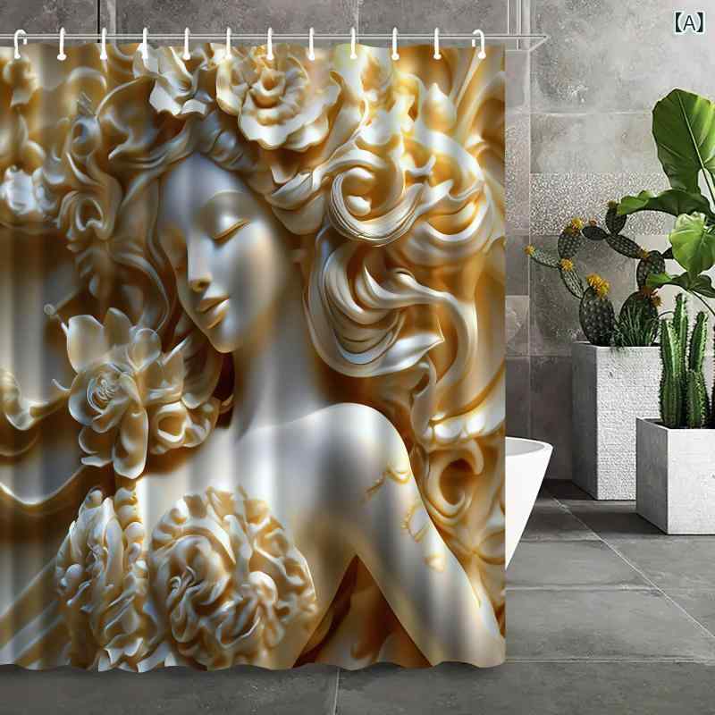 シャワーカーテン ヨーロピアン 彫像デザイン ポリエステル製 防水 防カビ 抗菌機能 デジタルプリント..