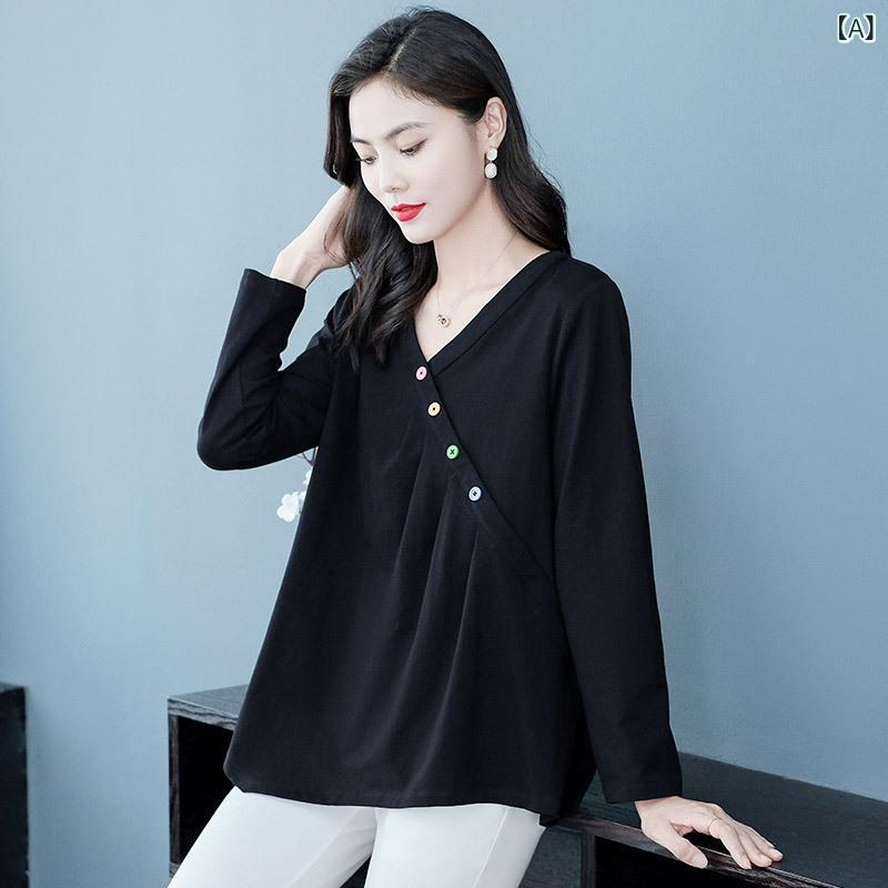 トップス レディース 大きいサイズ Vネック 長袖 Tシャツ ブラウス 細見え 着痩せ 体型カバー デザイン カラフルボタン コットン混 カジュアル 上品 秋