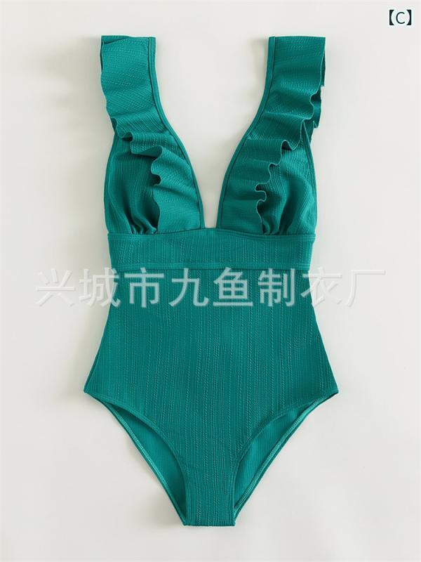 narukiのワンピース レディース 水着 深Vネック フリル レースアップ 背中あき 接触冷感 体型カバー 無地 細見え 海 ビーチ プール リゾート ビキニ｜アングル3