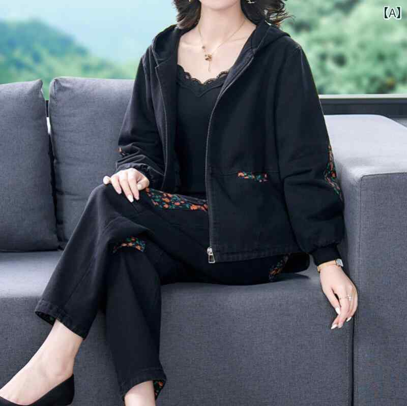 パンツセットアップ レディース ミセス ママ Gジャン ジーンズ ゆったり 大きいサイズ 体型カバー 若見え効果 長袖 切り替えデザイン 綿 ブラック 秋冬 カジュアル おしゃれ 普段使い