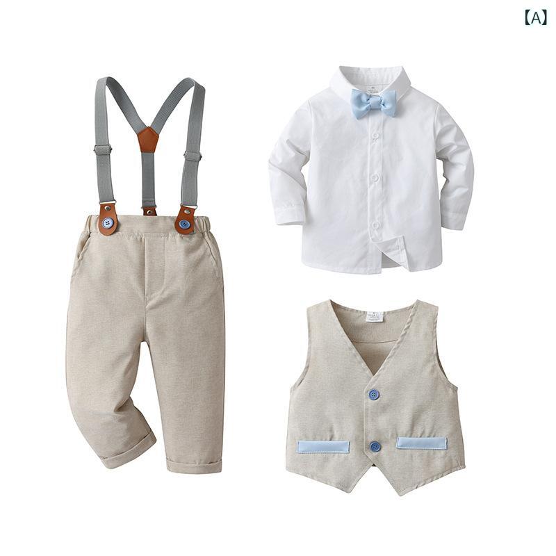 ・カテゴリ: キッズセットアップ ・性別: 男の子 ・対象年齢: 1〜3歳 ・スタイル: ブリティッシュ ・セット内容: パンツ3点セット ・主な素材: 綿95% ・袖丈: 長袖 ・柄: 無地 ・生地の厚さ: 普通 ・生地加工: 柔らか加工 ・デザイン: フードなし ・デザイン要素: 可愛らしい、リボン、欧米風 ・開閉: シングルボタン ・安全基準: B類 ・サイズ展開: 73cm (生後6-9ヶ月), 82cm (生後9-12ヶ月), 91cm (生後12-18ヶ月), 100cm (18-24ヶ月), 109cm (2-3歳), 118cm (3-4歳) ・重さ: 約350g