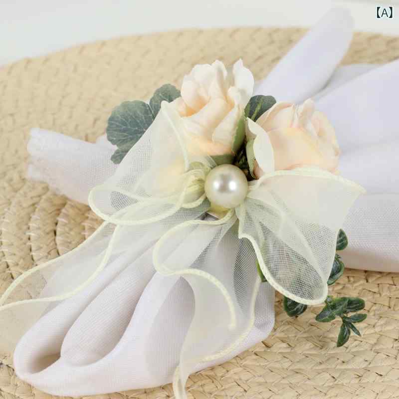 ナプキンリング パール 造花 手編み ハンドメイド シルク生地 布製 ホワイト 結婚式 ウェディング ブライダル バレンタイン パーティー おもてなし テーブルデコレーション エレガント 上品 高級感(x6)