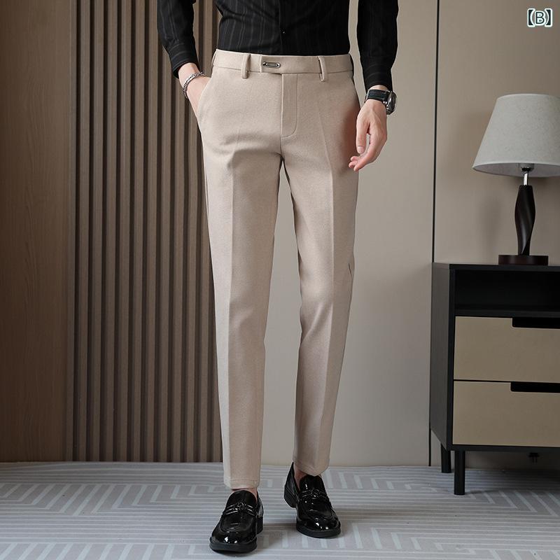 スラックス メンズ 男性用 秋冬 ビジネスカジュアル スリムフィット 細身 ストレート 形態安定 ウールライク 厚手 無地 通勤 オフィス 普段使い